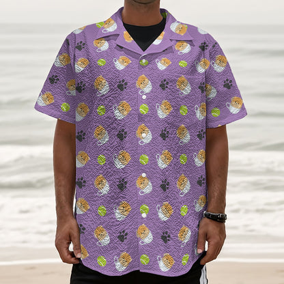 Pomeranian In Tea Cup Pattern Print Textured Short Sleeve Shirt