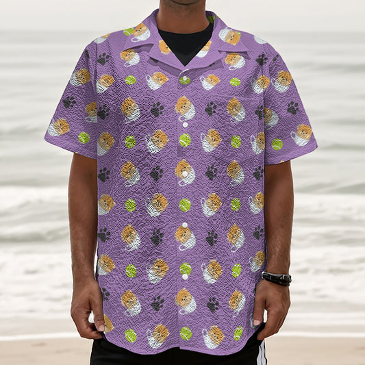 Pomeranian In Tea Cup Pattern Print Textured Short Sleeve Shirt
