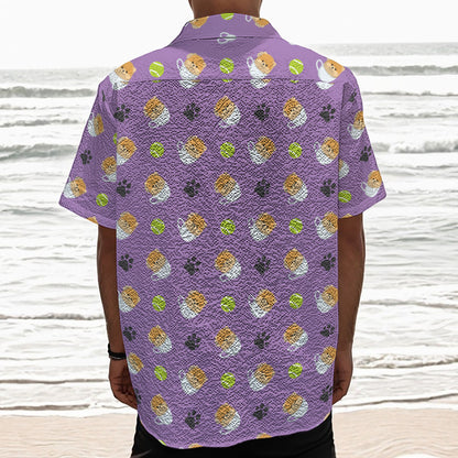 Pomeranian In Tea Cup Pattern Print Textured Short Sleeve Shirt