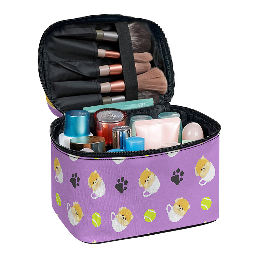 Pomeranian In Tea Cup Pattern Print Travel Makeup Bag