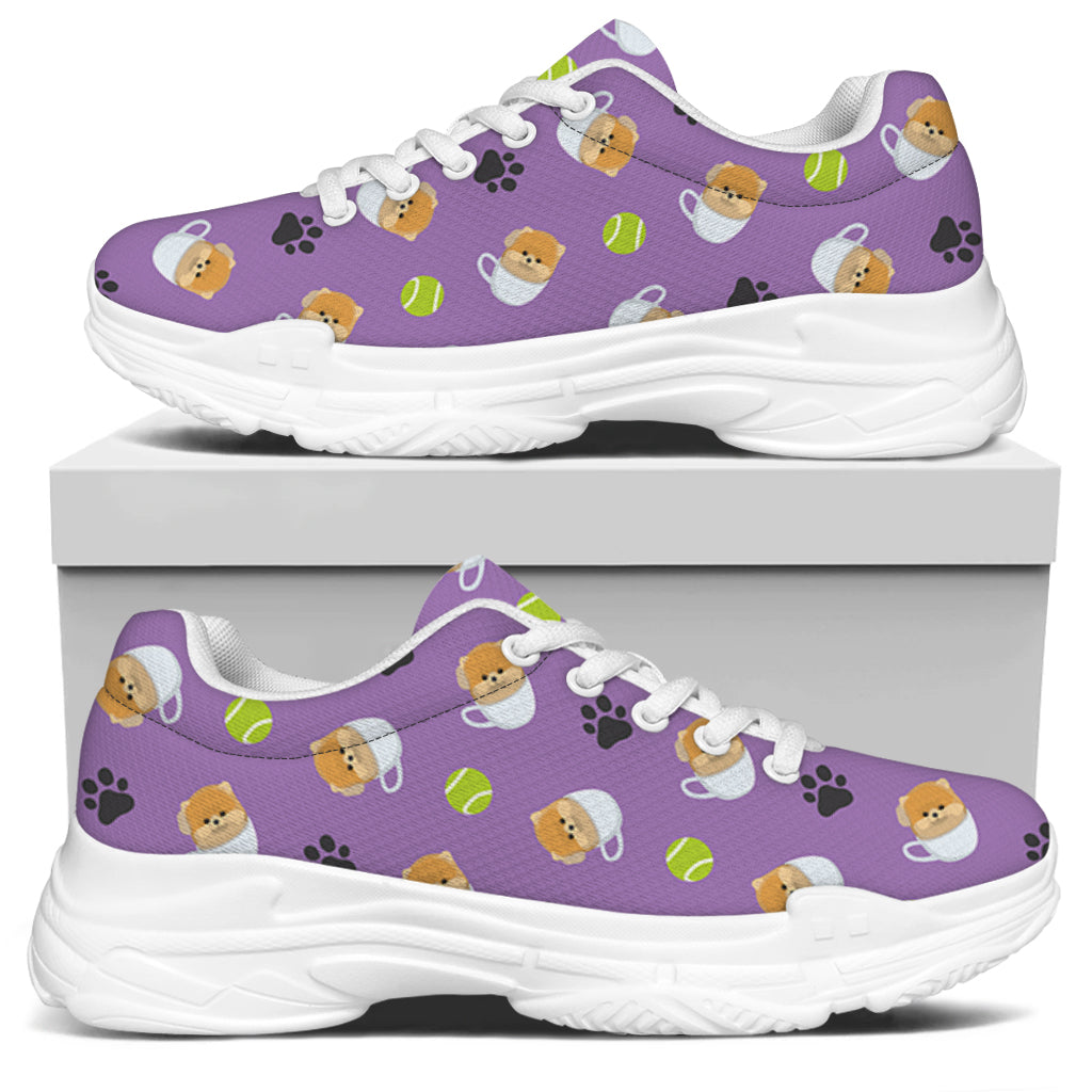 Pomeranian In Tea Cup Pattern Print White Chunky Shoes