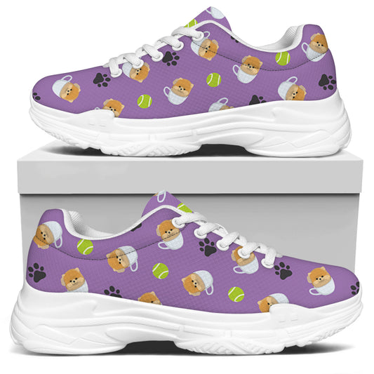 Pomeranian In Tea Cup Pattern Print White Chunky Shoes