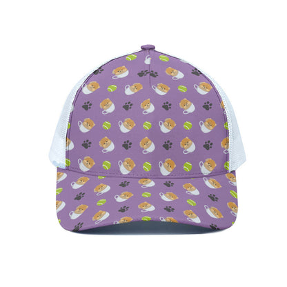 Pomeranian In Tea Cup Pattern Print White Mesh Trucker Cap