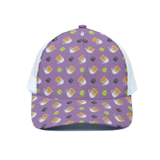 Pomeranian In Tea Cup Pattern Print White Mesh Trucker Cap