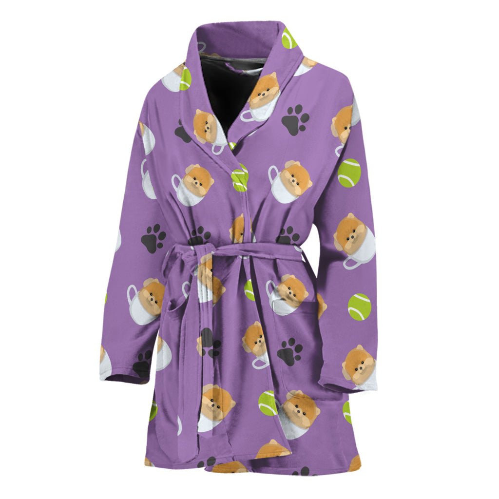 Pomeranian In Tea Cup Pattern Print Women's Bathrobe