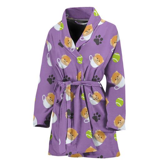 Pomeranian In Tea Cup Pattern Print Women's Bathrobe