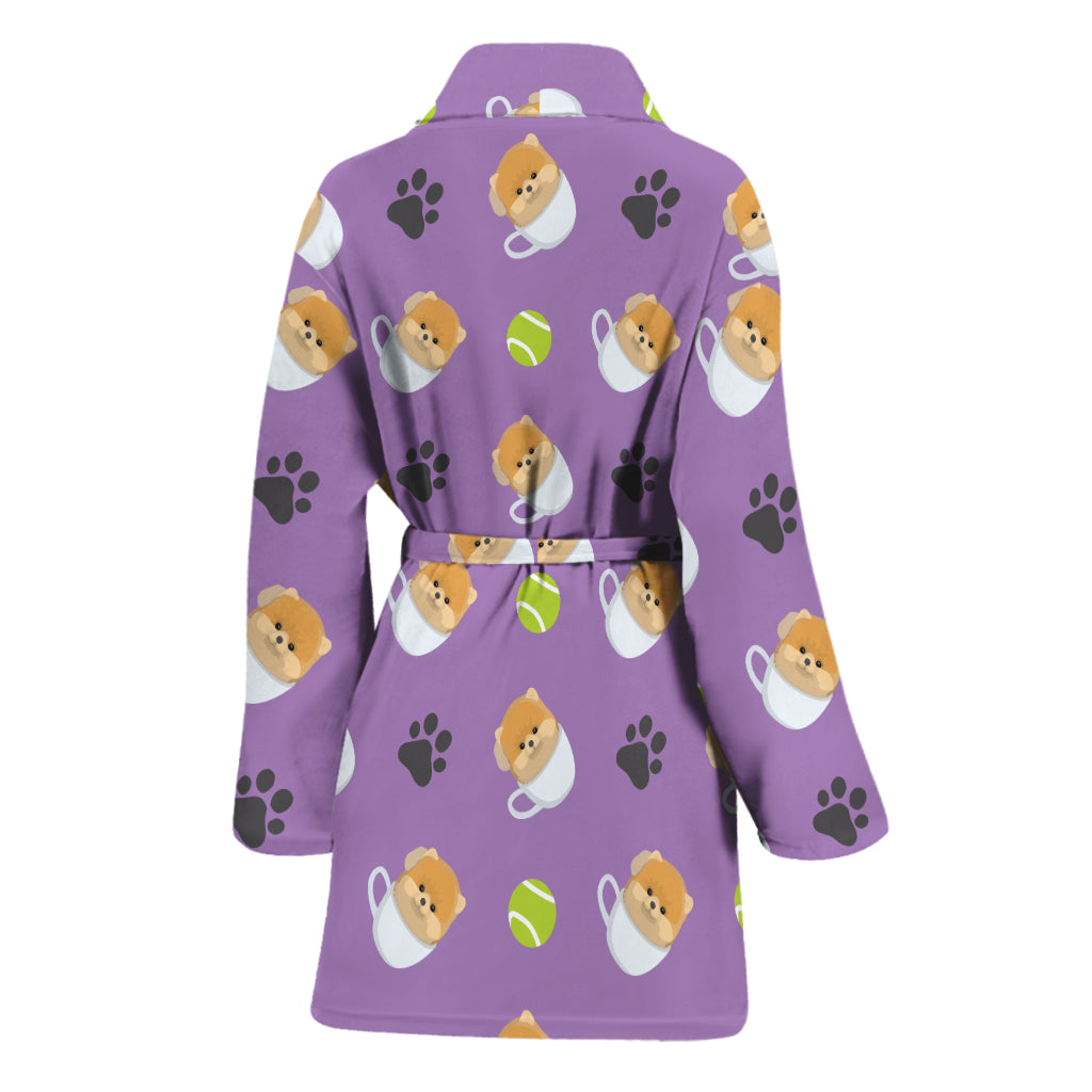 Pomeranian In Tea Cup Pattern Print Women's Bathrobe