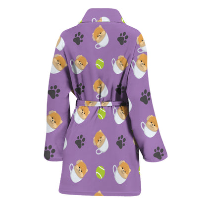 Pomeranian In Tea Cup Pattern Print Women's Bathrobe
