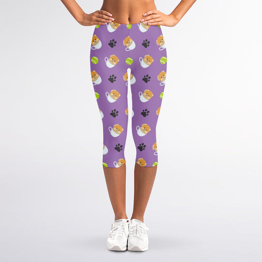 Pomeranian In Tea Cup Pattern Print Women's Capri Leggings