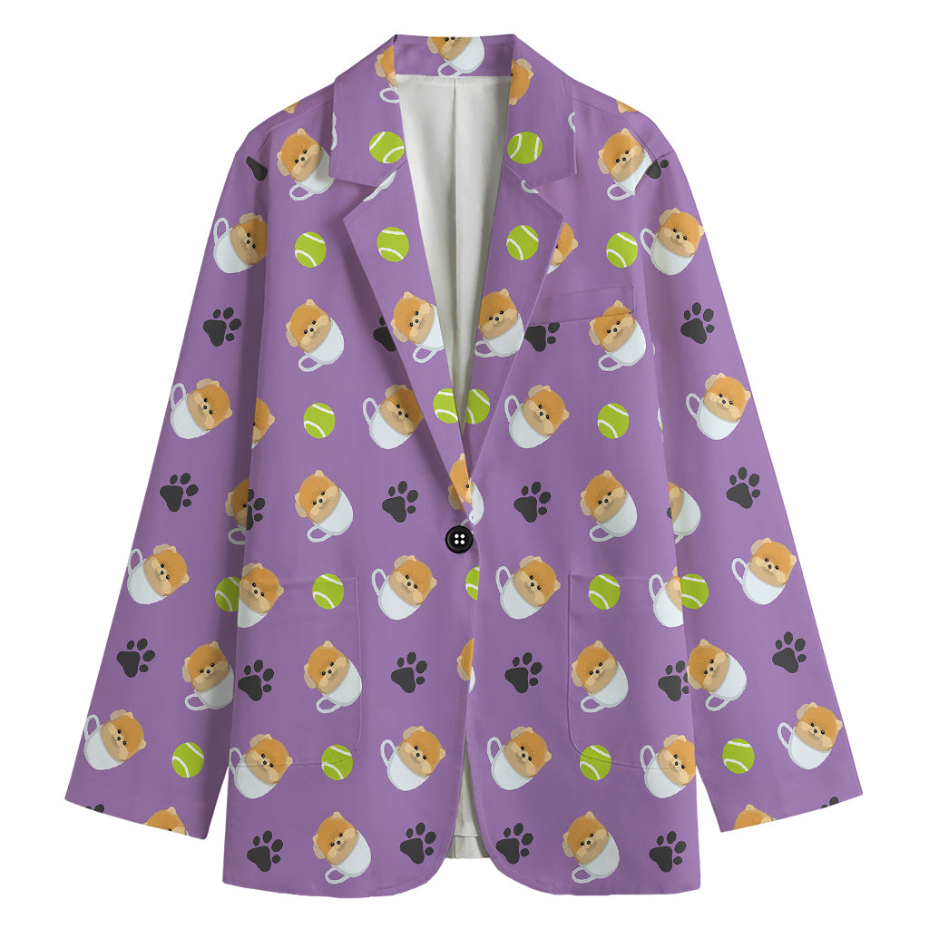 Pomeranian In Tea Cup Pattern Print Women's Cotton Blazer