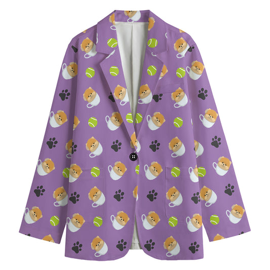 Pomeranian In Tea Cup Pattern Print Women's Cotton Blazer