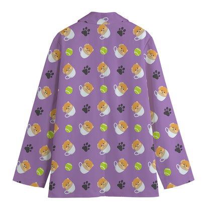 Pomeranian In Tea Cup Pattern Print Women's Cotton Blazer