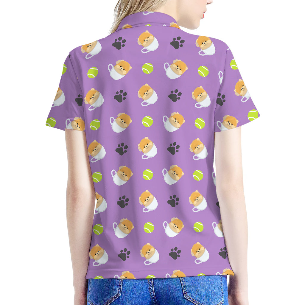 Pomeranian In Tea Cup Pattern Print Women's Polo Shirt