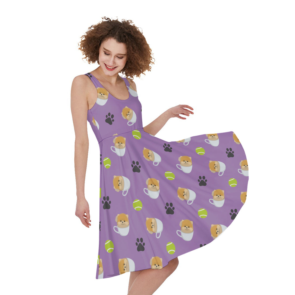 Pomeranian In Tea Cup Pattern Print Women's Sleeveless Dress