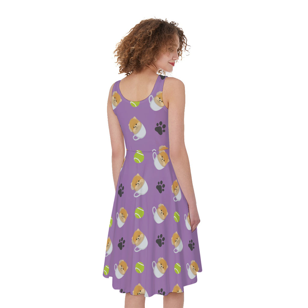 Pomeranian In Tea Cup Pattern Print Women's Sleeveless Dress