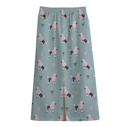 Poodle And Crown Pattern Print Cotton Front Slit Maxi Skirt