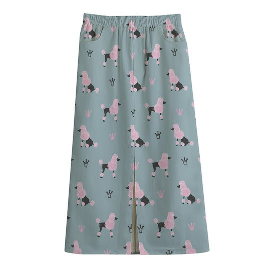 Poodle And Crown Pattern Print Cotton Front Slit Maxi Skirt