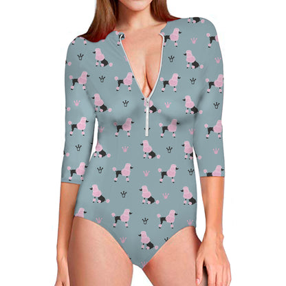 Poodle And Crown Pattern Print Long Sleeve Swimsuit