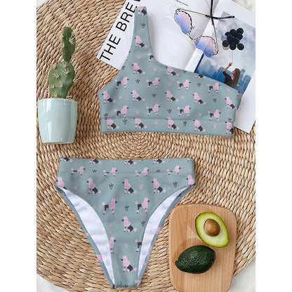 Poodle And Crown Pattern Print One Shoulder Bikini Top
