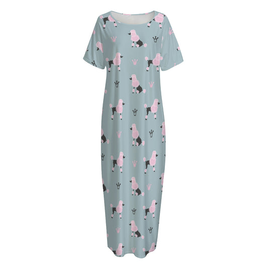 Poodle And Crown Pattern Print Short Sleeve Long Nightdress