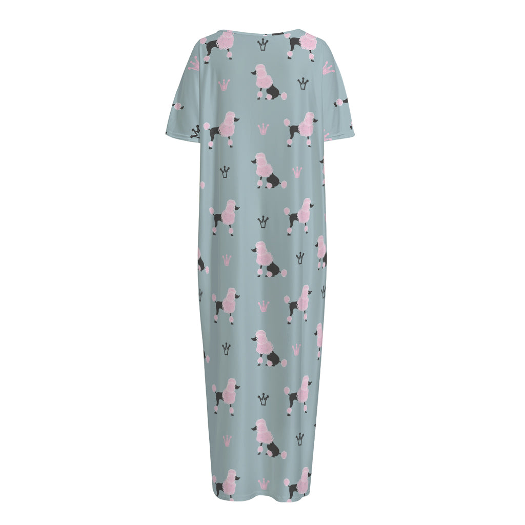 Poodle And Crown Pattern Print Short Sleeve Long Nightdress