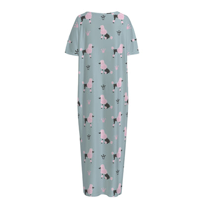 Poodle And Crown Pattern Print Short Sleeve Long Nightdress