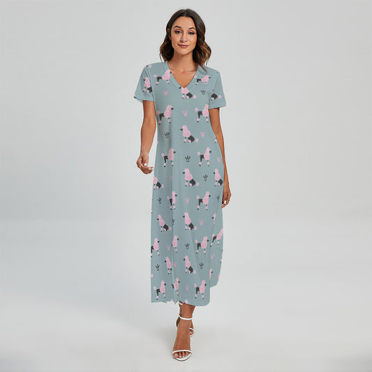 Poodle And Crown Pattern Print Short Sleeve Maxi Dress