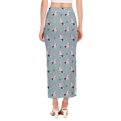 Poodle And Crown Pattern Print Side Slit Maxi Skirt