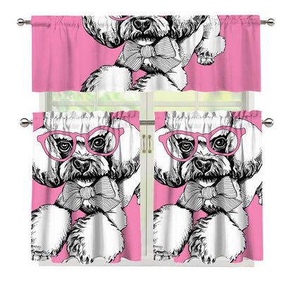 Poodle With Glasses Print 3 Piece Kitchen Curtains