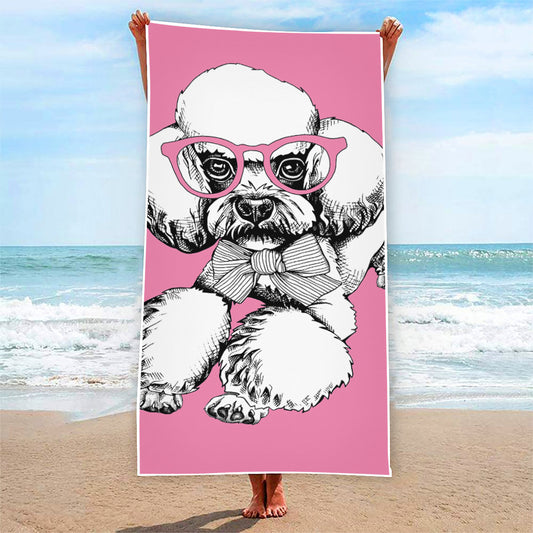 Poodle With Glasses Print Beach Towel