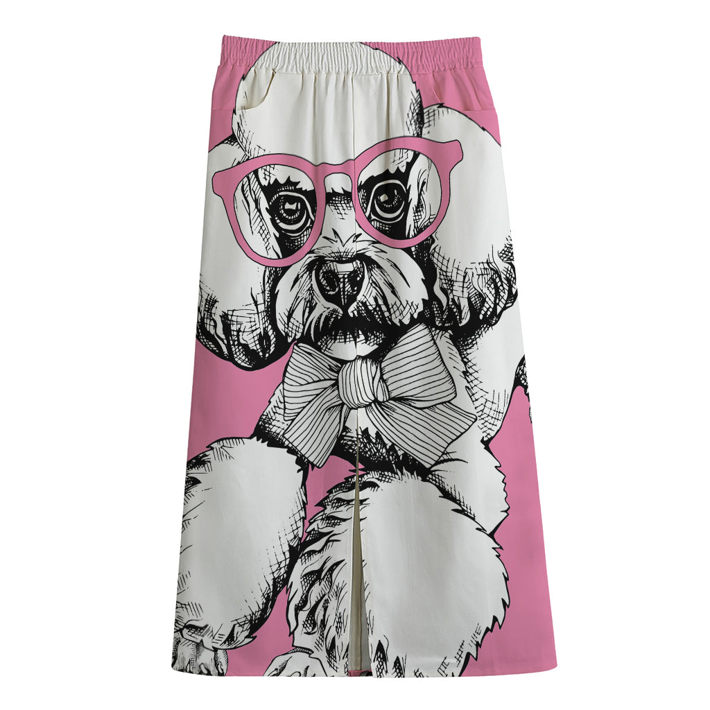 Poodle With Glasses Print Cotton Front Slit Maxi Skirt