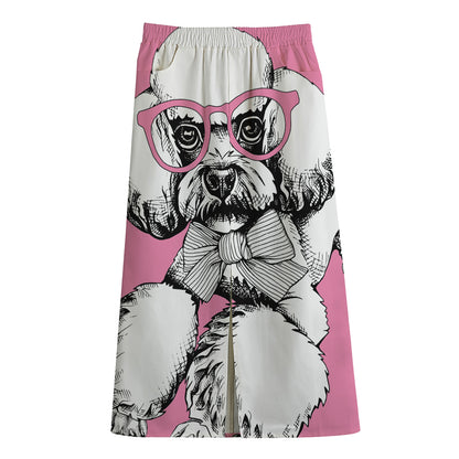 Poodle With Glasses Print Cotton Front Slit Maxi Skirt