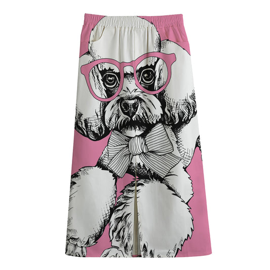 Poodle With Glasses Print Cotton Front Slit Maxi Skirt