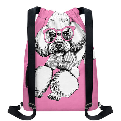Poodle With Glasses Print Drawstring Backpack