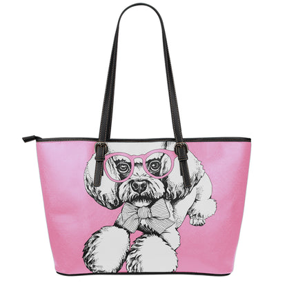 Poodle With Glasses Print Leather Tote Bag