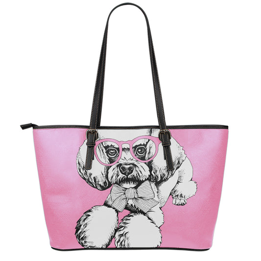 Poodle With Glasses Print Leather Tote Bag
