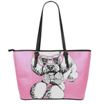 Poodle With Glasses Print Leather Tote Bag