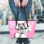Poodle With Glasses Print Leather Tote Bag