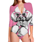 Poodle With Glasses Print Long Sleeve Swimsuit