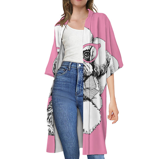 Poodle With Glasses Print Open Front Beach Cover Up