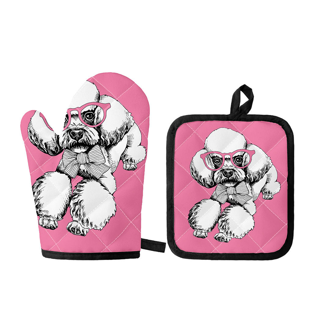 Poodle With Glasses Print Oven Mitt And Pot Holder Set