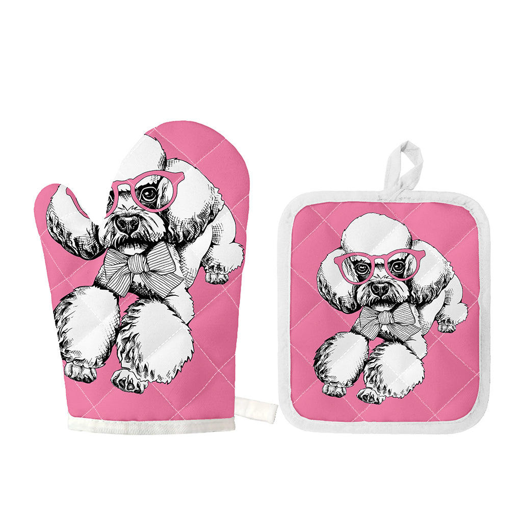 Poodle With Glasses Print Oven Mitt And Pot Holder Set