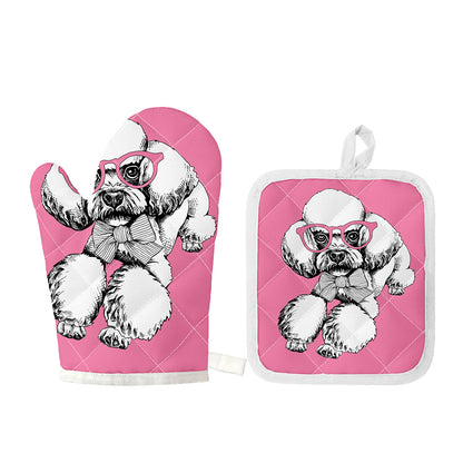 Poodle With Glasses Print Oven Mitt And Pot Holder Set