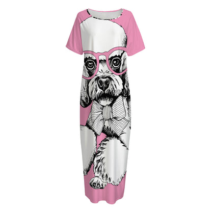 Poodle With Glasses Print Short Sleeve Long Nightdress