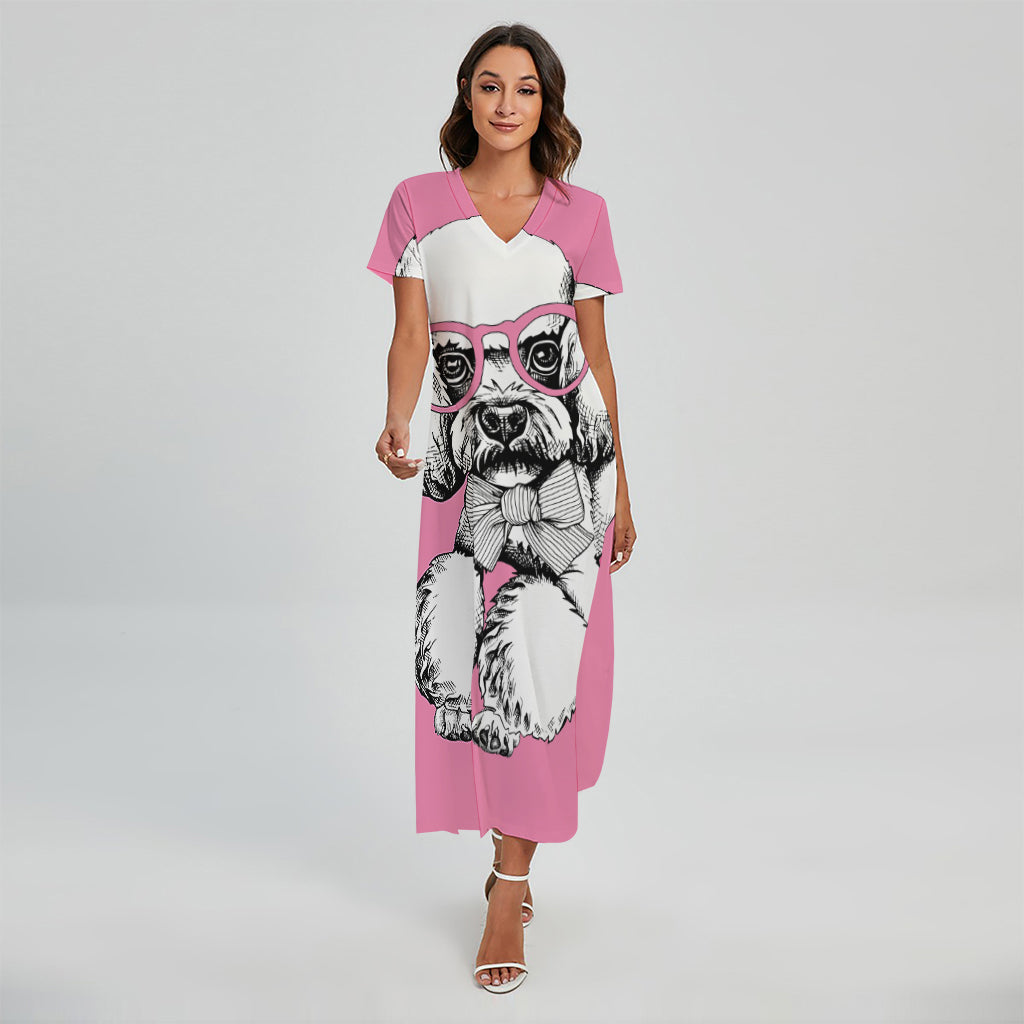Poodle With Glasses Print Short Sleeve Maxi Dress