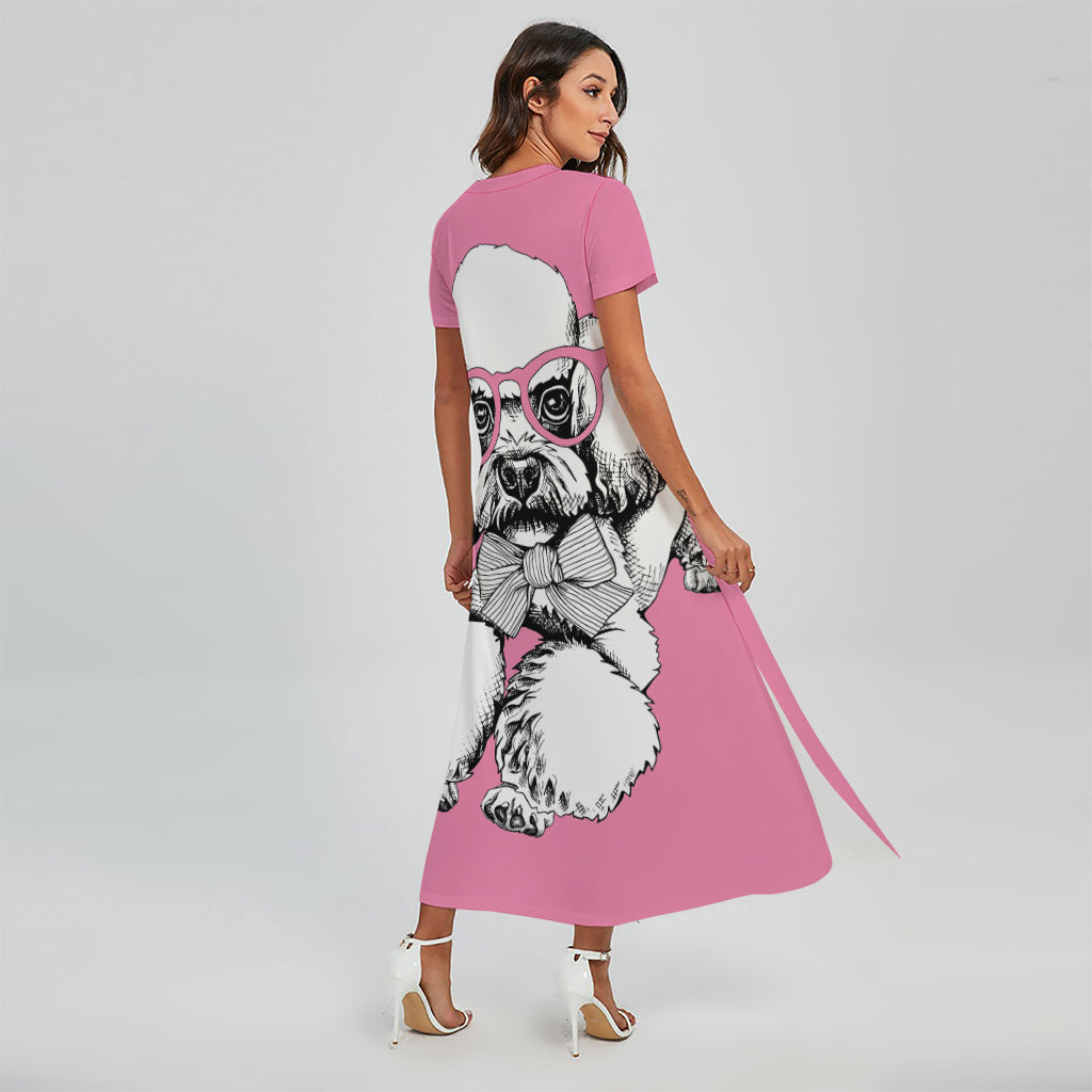 Poodle With Glasses Print Short Sleeve Maxi Dress