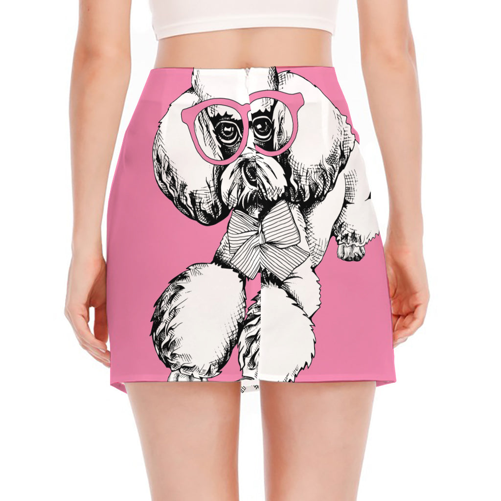 Poodle With Glasses Print Side Slit Mini Skirt