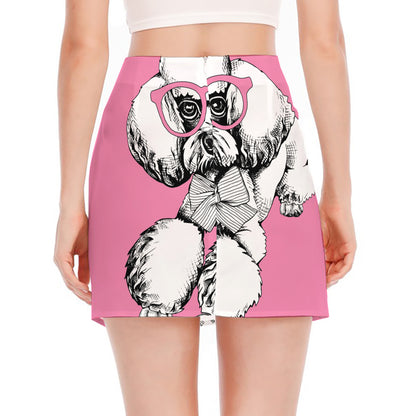 Poodle With Glasses Print Side Slit Mini Skirt