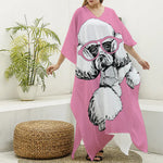 Poodle With Glasses Print Silk V-Neck Kaftan Dress