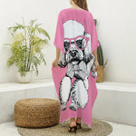 Poodle With Glasses Print Silk V-Neck Kaftan Dress